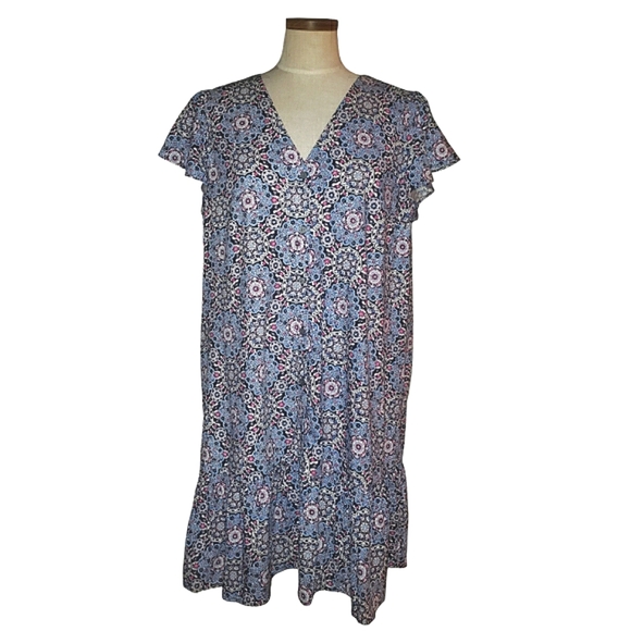 Loft Medallion Print Button Front Drop Waist Ruffle Flounce Mini Swing Dress L - Picture 3 of 16